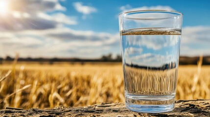 Prevention and Health Promotion Concept. A serene image of a glass of clean water placed against a parched land background, symbolizing hydration and the importance of water conservation.