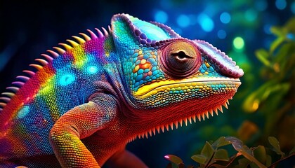 Fototapeta premium chameleon blending into a colorful, illuminated background.- 
