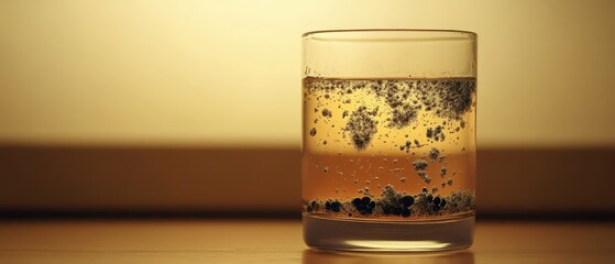 Prevention and Health Promotion Concept. A close-up image of a glass of water containing visible arsenic particles, highlighting a warning about contamination and health risks.