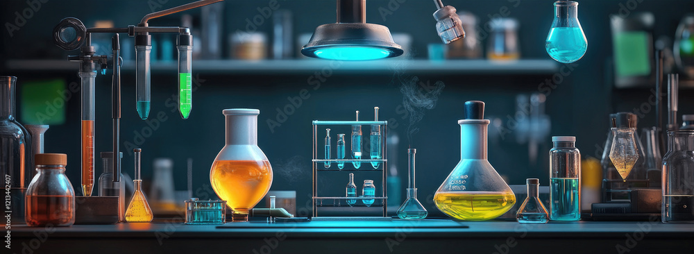 Poster exciting science laboratory experiments modern lab digital art intriguing environment close-up viewp