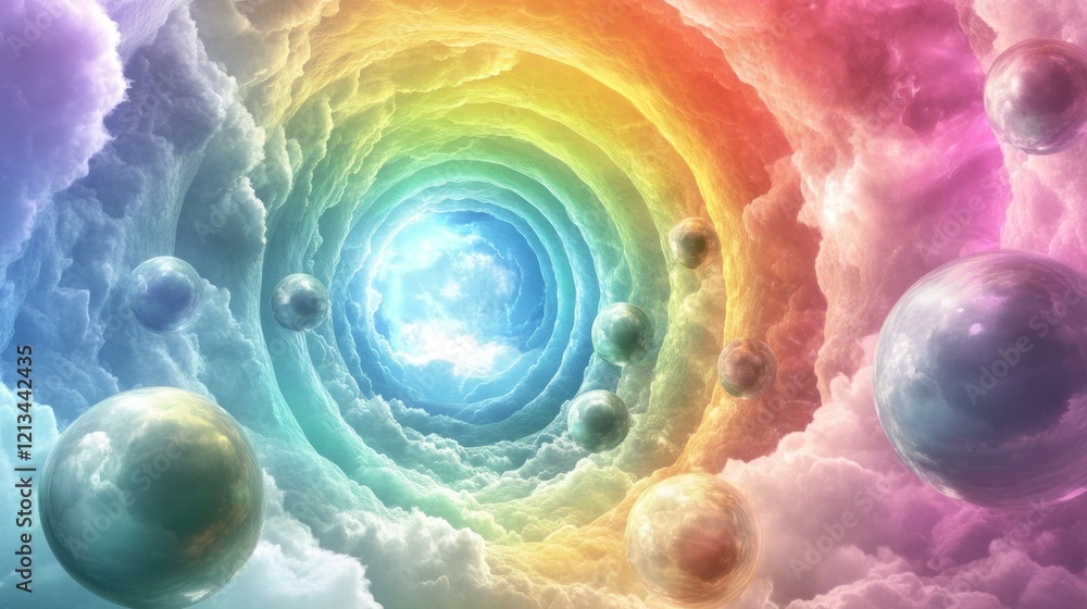 Aufkleber rainbow tunnel of clouds with floating orbs.