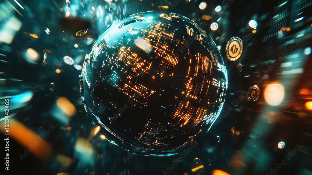 Poster futuristic glowing sphere with digital circuits and particles.