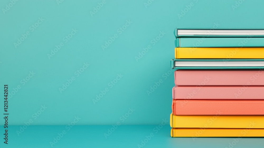 Poster Stack of colorful books forming a gradient against a turquoise background