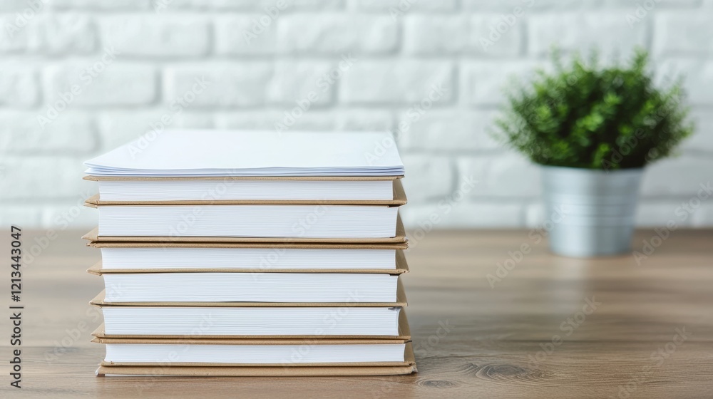 Poster stack of notebooks and loose papers resting on office desk