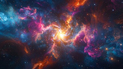 Vibrant cosmic nebula with swirling clouds of pink blue and orange with bright stars