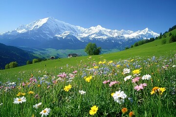 Fototapeta premium Wildflowers bloom in a mountain meadow