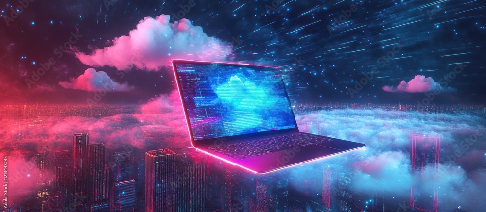 Poster futuristic laptop floating above clouds, showcasing cloud computing.