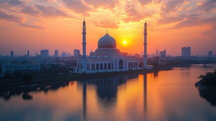 Fototapeta premium Sunrise Mosque Reflection Cityscape Aerial