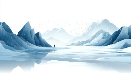 Serene winter landscape with snowy mountains and frozen lake.