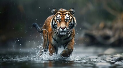 Naklejka premium Tiger walking in river water, AI generated image
