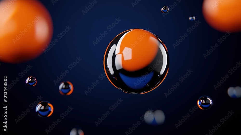 Aufkleber abstract orange and black spheres: floating spheres in vibrant orange and black against a deep blue 