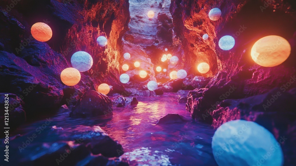 Aufkleber glowing orbs float in a mystical cave with a stream.