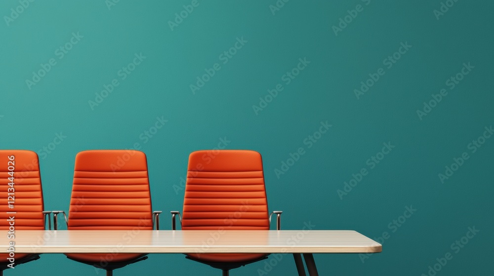 Poster ergonomic orange chairs surrounding empty table in collaborative office setup for business meeting