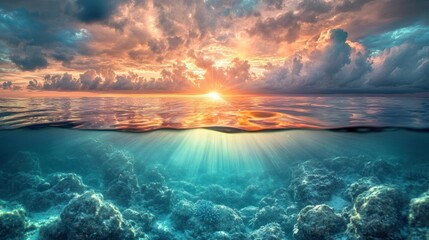 Obraz premium Breathtaking sunset scene over a tranquil tropical ocean with vibrant colors in the sky calm waters reflecting the dramatic cloudscape creating a serene and picturesque landscape