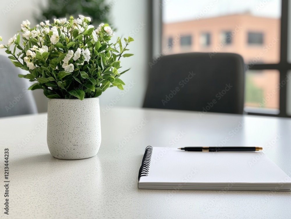 Poster empty table with notebooks and pens in a sleek corporate space, prepared for team collaboration