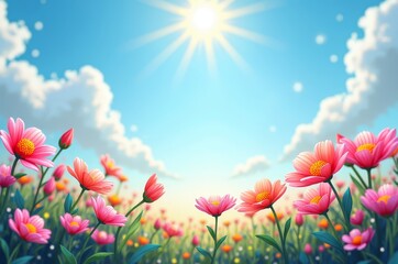 Obraz premium A sunny day with pink flowers and blue sky