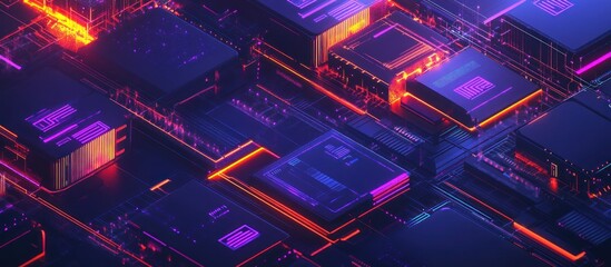 Abstract digital circuitry with glowing neon lines.