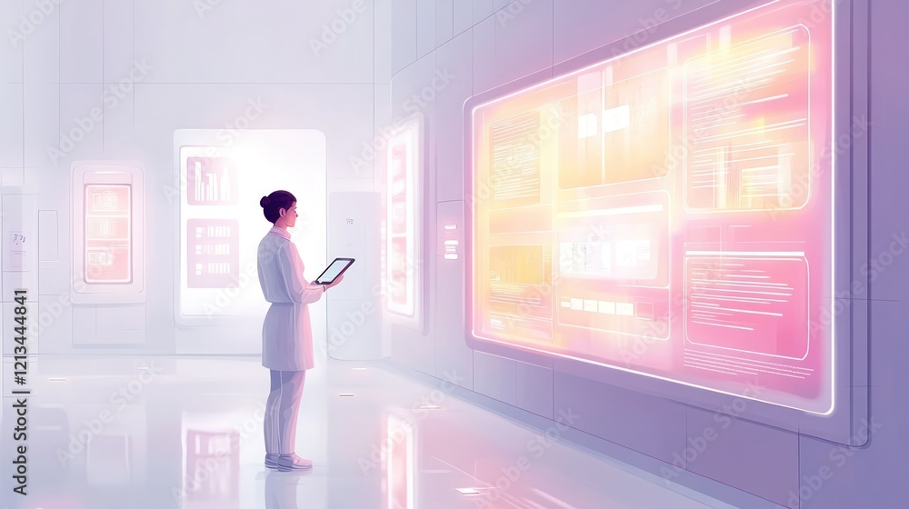 Poster scientist reviewing data on futuristic display.
