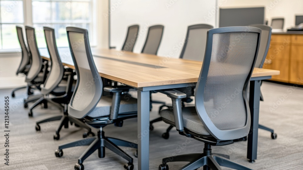 Poster Modern conference room with empty chairs and table suggesting a collaborative space