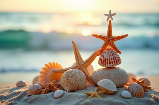 A starfish and seashells on a sandy beach, evoking a sense of serenity and connection to the ocean's wonders - Powered by Adobe