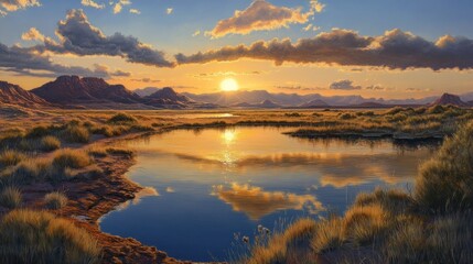 Fototapeta premium Sunset over tranquil desert lake reflecting vibrant sky and mountains.