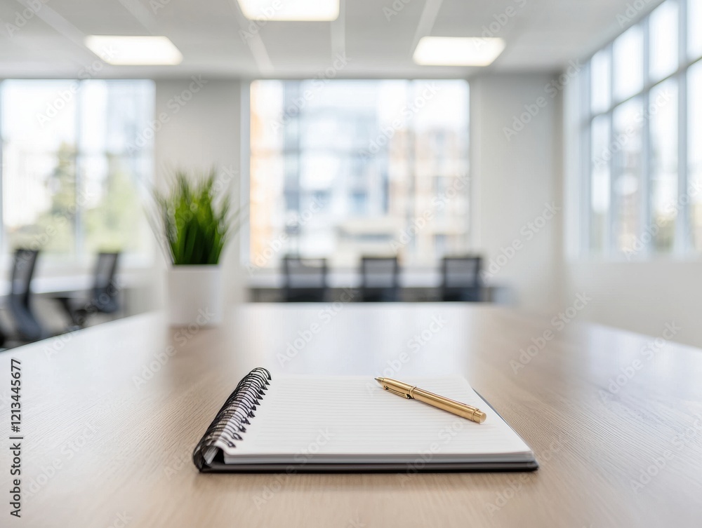 Poster open notebook and pen inviting to write on modern office desk