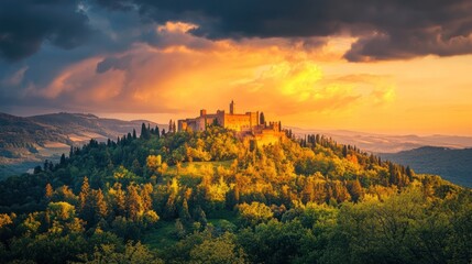 Majestic castle on a hilltop at sunset.