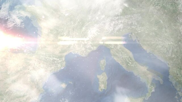 Earth zoom in from space and focus on Nice, France. Background for travel blog or intro. Satellite view. 3D style animation. Images from NASA.