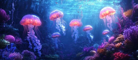 Luminous jellyfish swim gracefully amidst vibrant coral reefs in a breathtaking underwater scene.