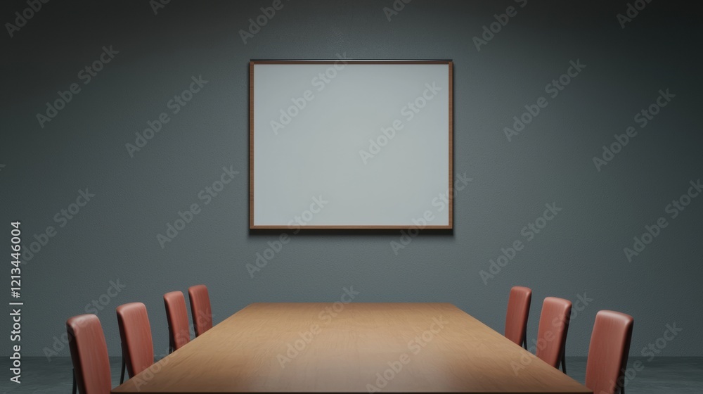 Poster empty conference table facing a blank screen in a corporate boardroom ready for a professional prese