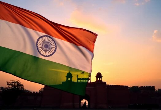India Flag at Sunset India flag billows dramatically against a vibrant sunset, silhouetting of red fort in delhi a historical building celebrations india independence day.