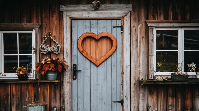 Fototapeta Rustic Wooden Cabin with Heart-Shaped Door Detail