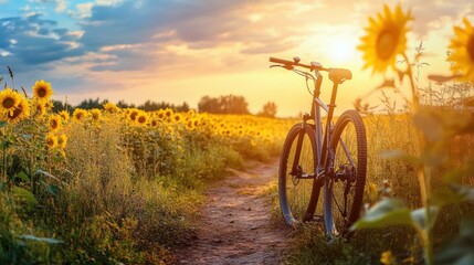 Fototapeta premium Sunset Bicycle Ride in a Sunflower Field