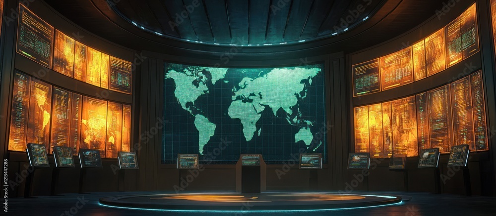 Poster futuristic command center with world map and displays.