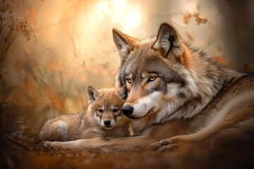 Obraz premium The Bond of a Majestic Wolf and Her Adorable Cub Captured in Nature's Embrace