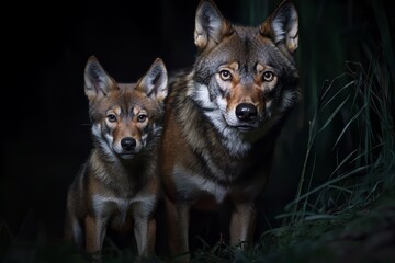 Fototapeta premium Heartwarming Scene of Two Foxes Mother and Baby in a Lush Green Field of Grass