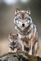 Fototapeta premium Exploring the Beautiful Bond Between a Wolf and Her Adorable Cub in Nature's Embrace
