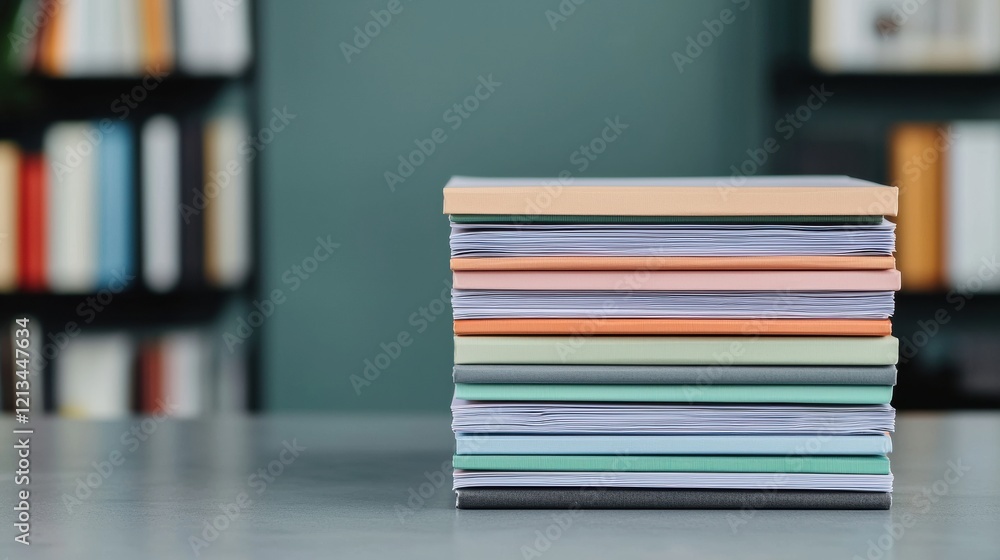 Poster Stack of colorful folders sitting on a desk, representing organized information in an office setting