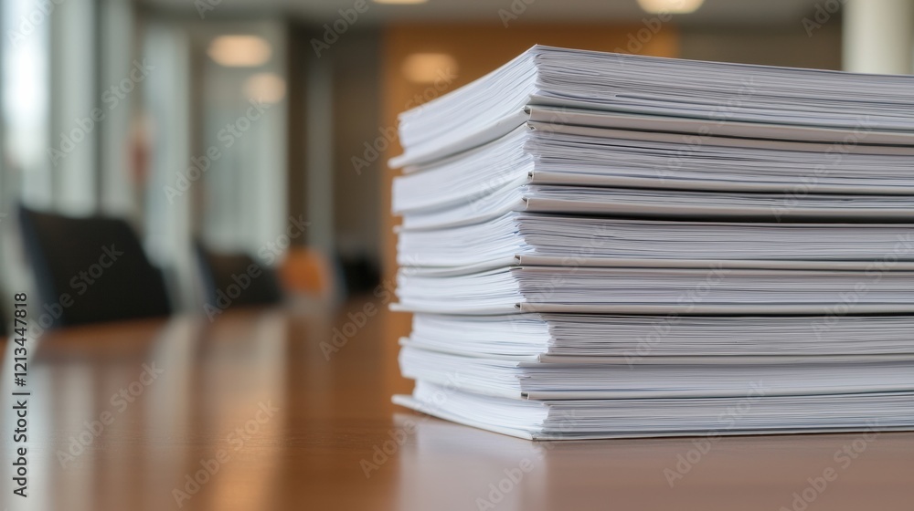 Poster Stack of folders neatly arranged on a table in a corporate setting, symbolizing organization