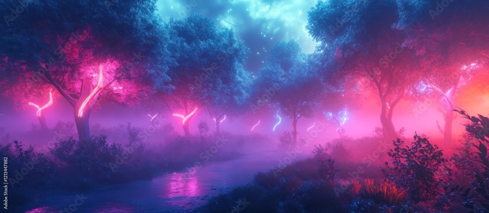 Poster surreal neon-lit forest path with glowing trees and mist.