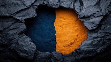 Abstract Texture of Torn Paper: A dramatic close-up of torn black paper revealing a vibrant blue and orange color underneath, creating a compelling interplay of textures and colors.  