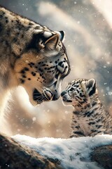 Fototapeta premium Heartwarming Moment of Snow Leopard Family Bonding With Mother and Baby Sharing Affection in the Winter Wilderness