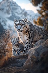 Fototapeta premium A Heartwarming Encounter Between a Snow Leopard and Her Adorable Cub in Their Natural Habitat