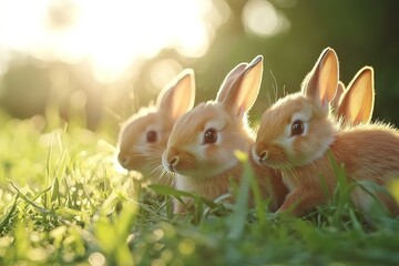 Fototapeta premium Three adorable bunnies in sunny grass