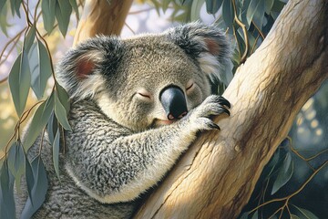 Obraz premium Cuddly koala nestled in the crook of a eucalyptus tree, dozing peacefully. 