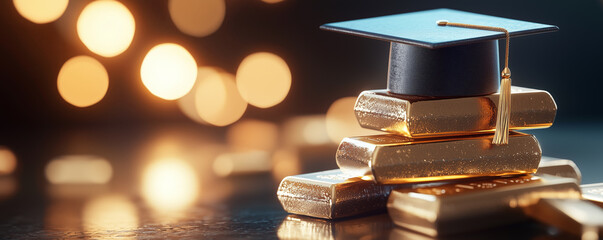 Graduation cap on gold bars symbolizes achievement and success. Celebrate milestones with this inspiring image