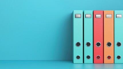 Colorful ring binders standing in a row on a shelf against a blue wall