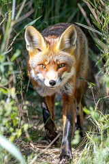 Naklejka premium A Playful Journey Through the Woods: A Fox and Her Adorable Baby Explore Nature Together