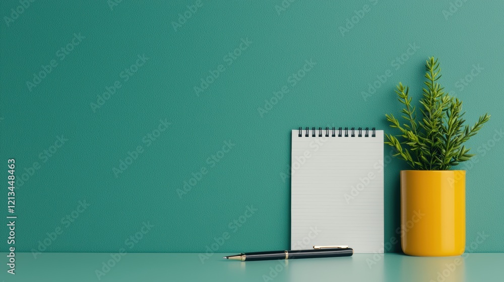Poster notepad, pen and plant creating a minimalist workspace promoting focus and productivity