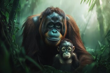 A Beautiful Moment: Mother Orangutan Nurturing Her Baby in the Lush Green Jungle Environment